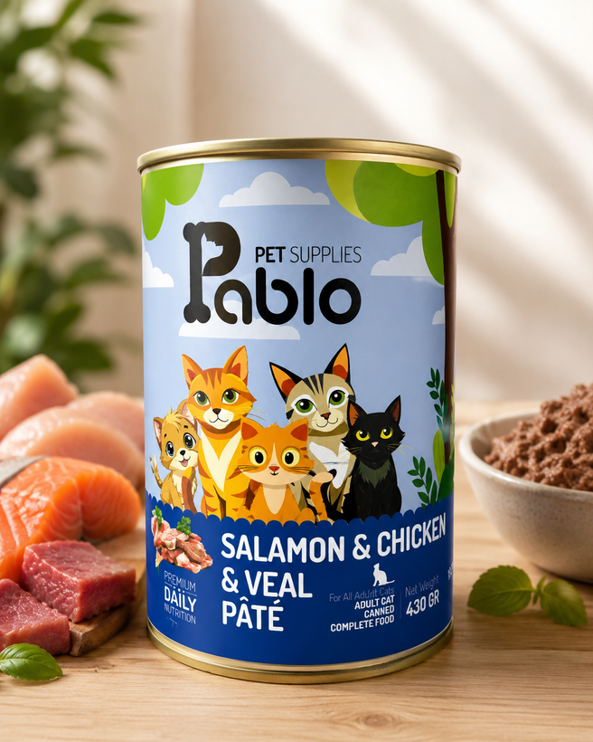 کنسرو پرمیوم 400 گرمی گربه بالغ پابلو با طعم گوشت گوساله و مرغ و ماهی سالمون