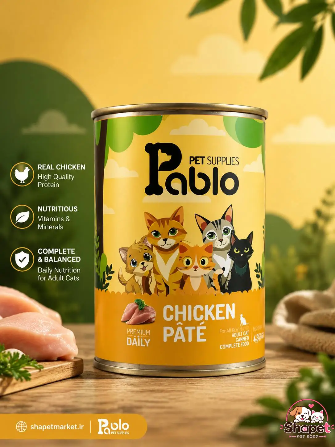 کنسرو پرمیوم 400 گرمی گربه بالغ پابلو با طعم گوشت گوساله و مرغ