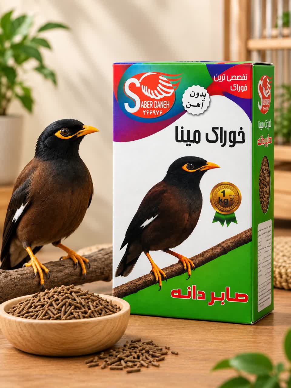 غذای پلت بدون آهن صادراتی مخصوص مرغ مینا صابر دانه | یک کیلوگرمی